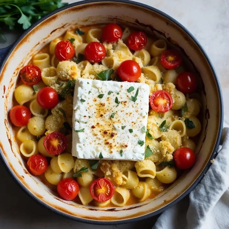 Creamy baked feta pasta with roasted cherry tomatoes and fresh basil,