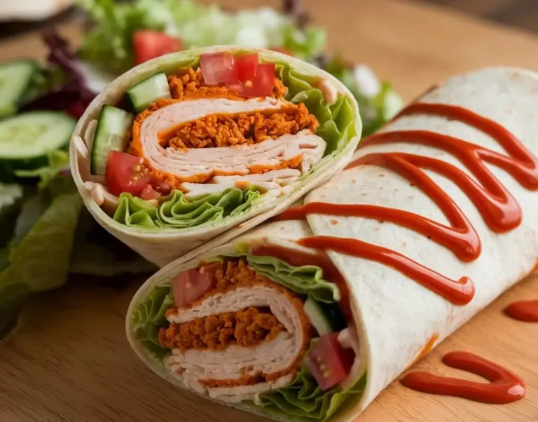 "Delicious buffalo chicken wrap filled with spicy grilled chicken, crisp lettuce, diced tomatoes, and drizzled with creamy ranch dressing, all wrapped in a soft tortilla, served on a rustic wooden plate