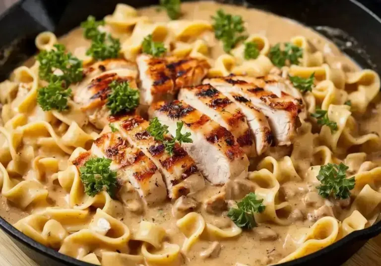 A creamy chicken Alfredo pasta, featuring tender pieces of chicken and fettuccine noodles coated in a rich, velvety Alfredo sauce, garnished with fresh parsley .